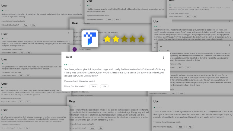 Customer reviews on Google playstore Amazon Transparency app