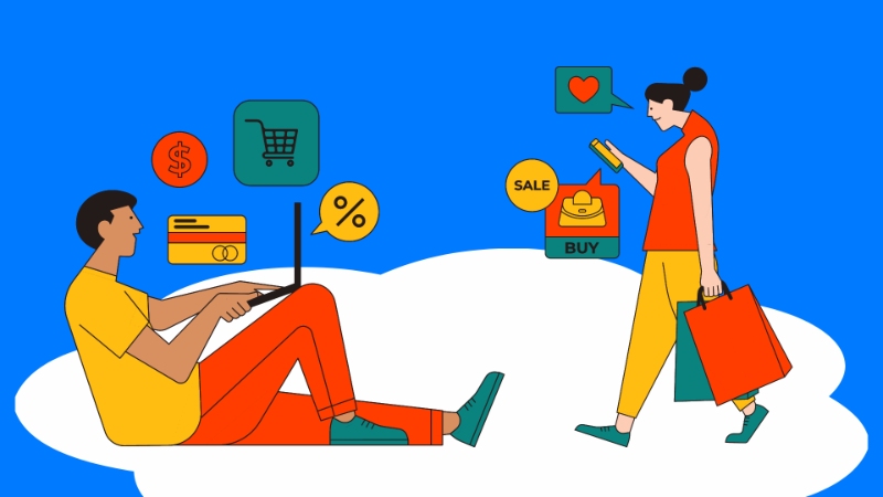 A boy and a girl shopping online via their phone
