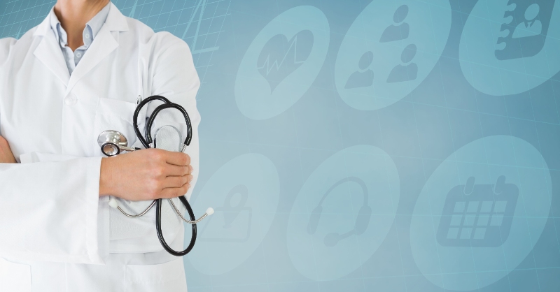 A medical professional standing in front of a background that highlights the benefits of FSM Software - Scheduling, Standardization of workflow, maintenance wtc 