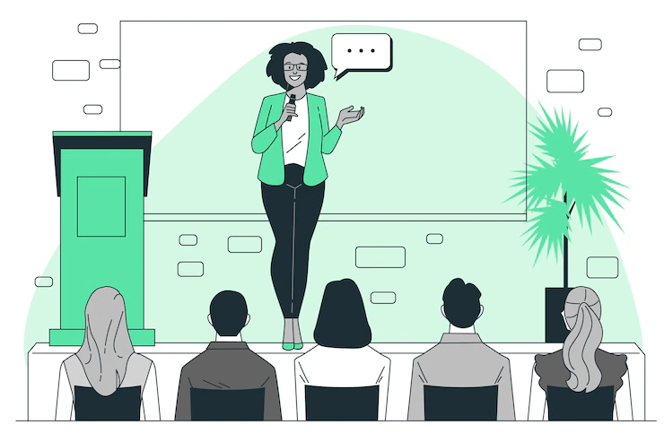 An image of a learner who speaks confidently while giving a self-introduction in English.