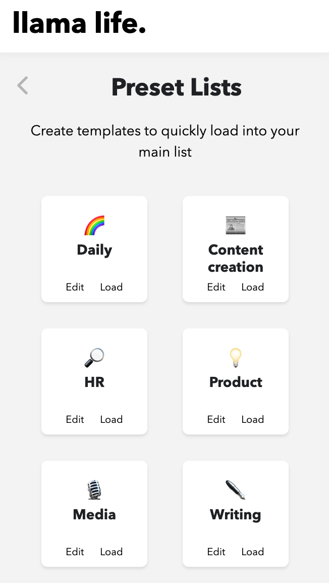 Llama Life productivity app showing Preset Lists