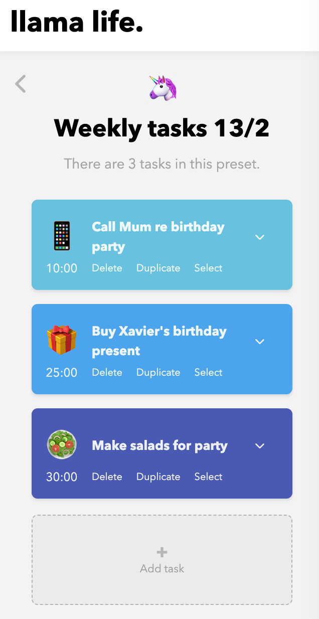 A weekly tasks Preset List showing random tasks 