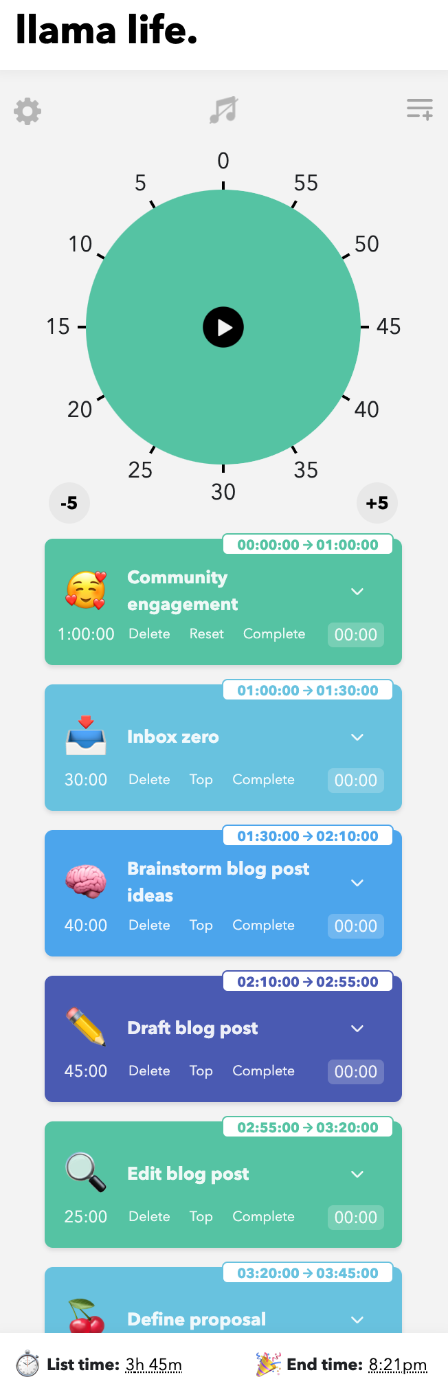 Llama Life timeboxed tasks 