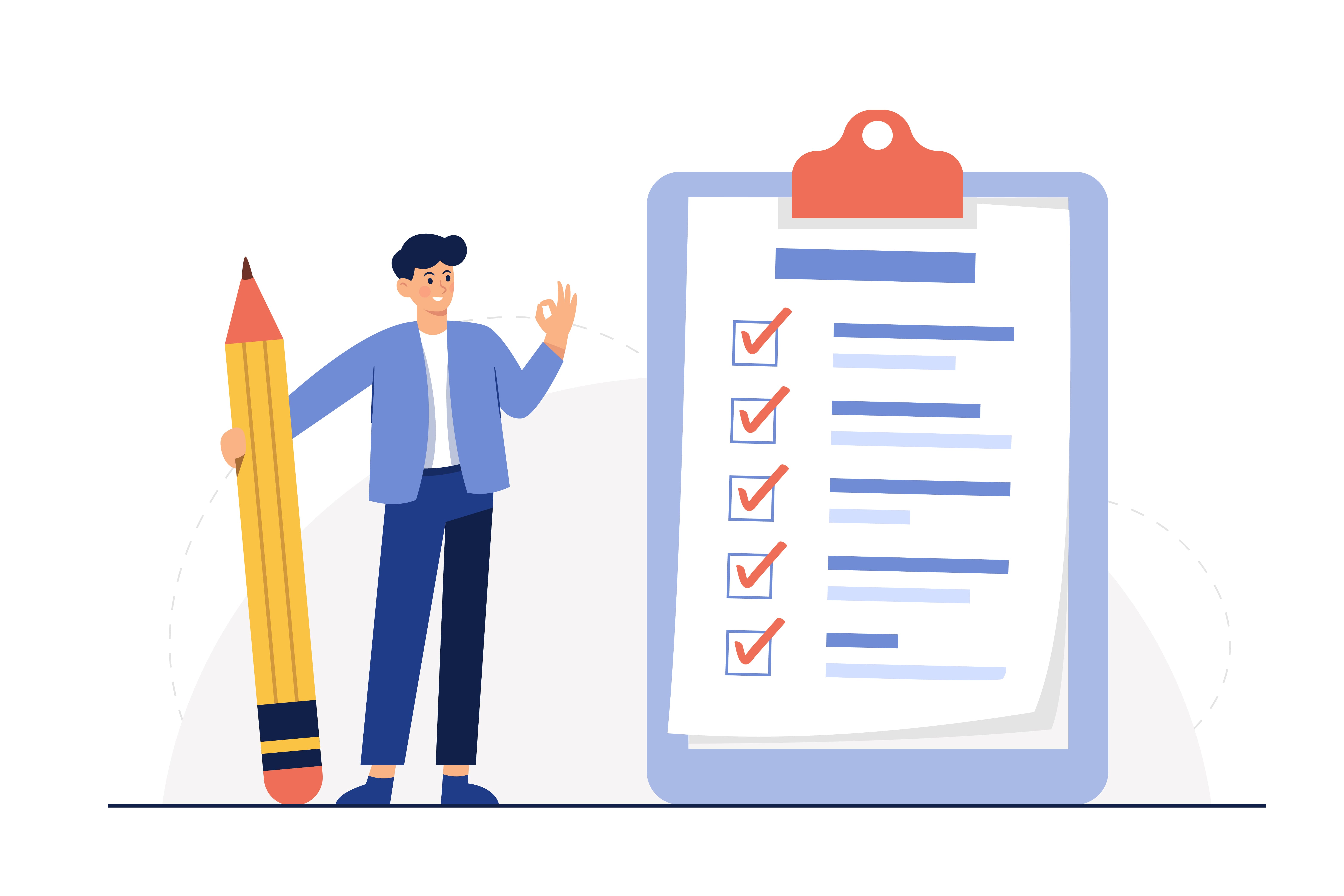 Illustration of a man with a huge pencil, crossing off items from the checklist