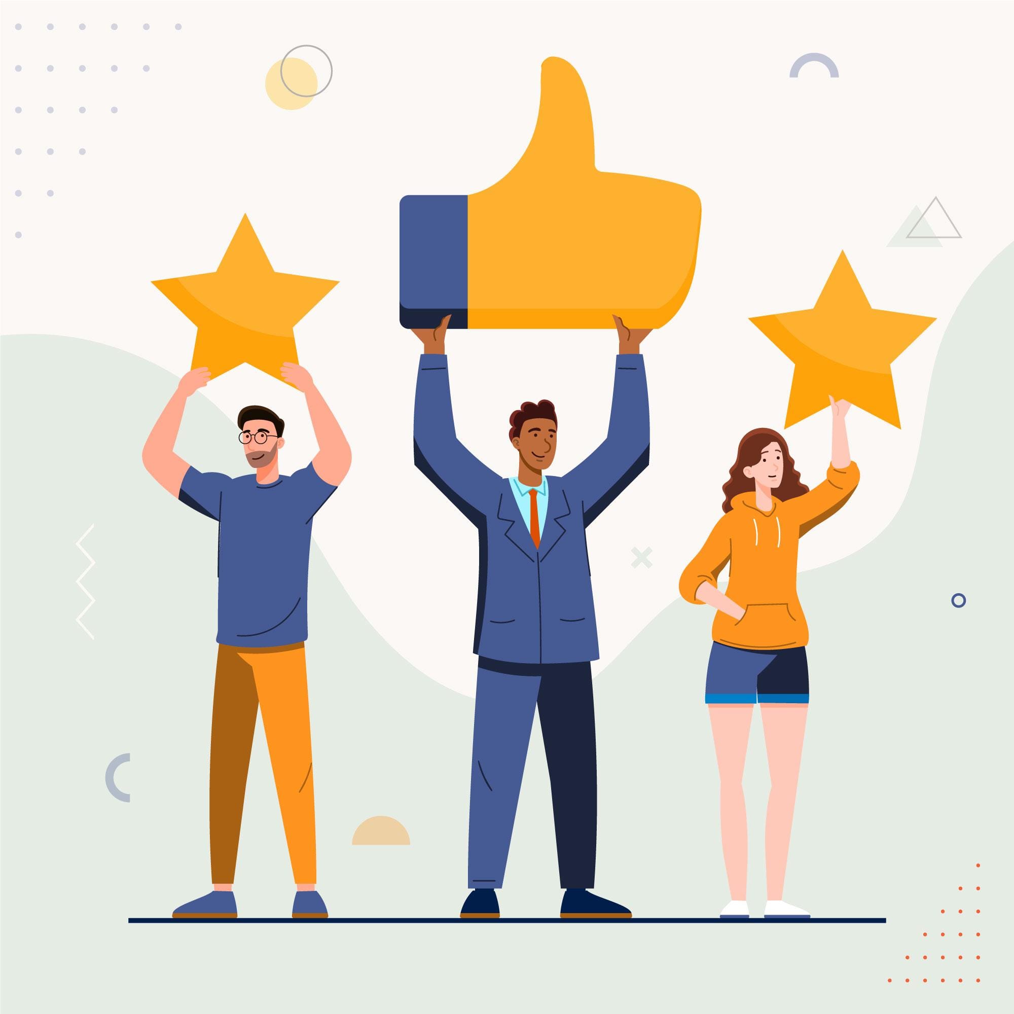 Illustration of three people holding thumbs up and starts depicting customer success