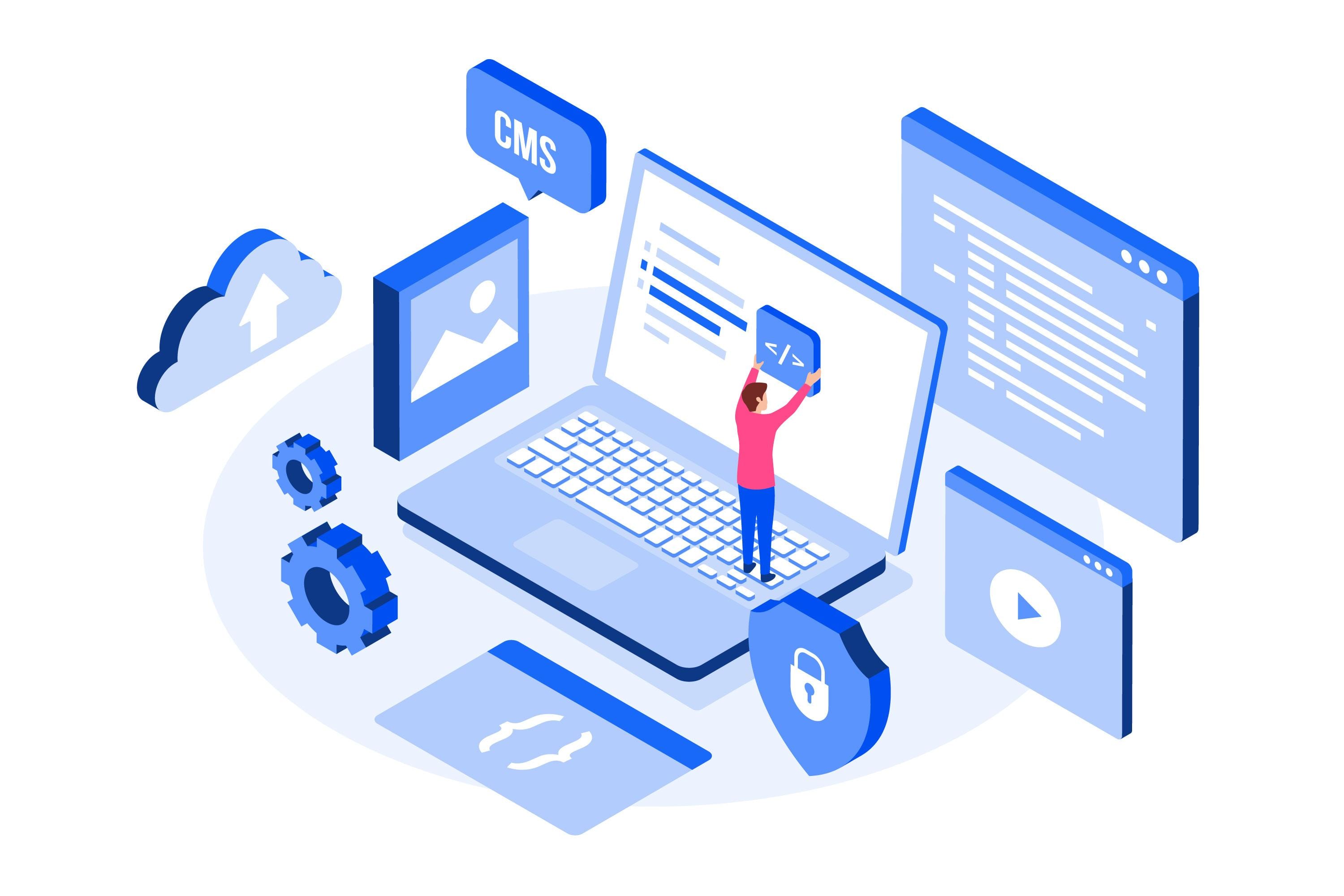 Illsutration of a man holding up an icon against a laptop screen