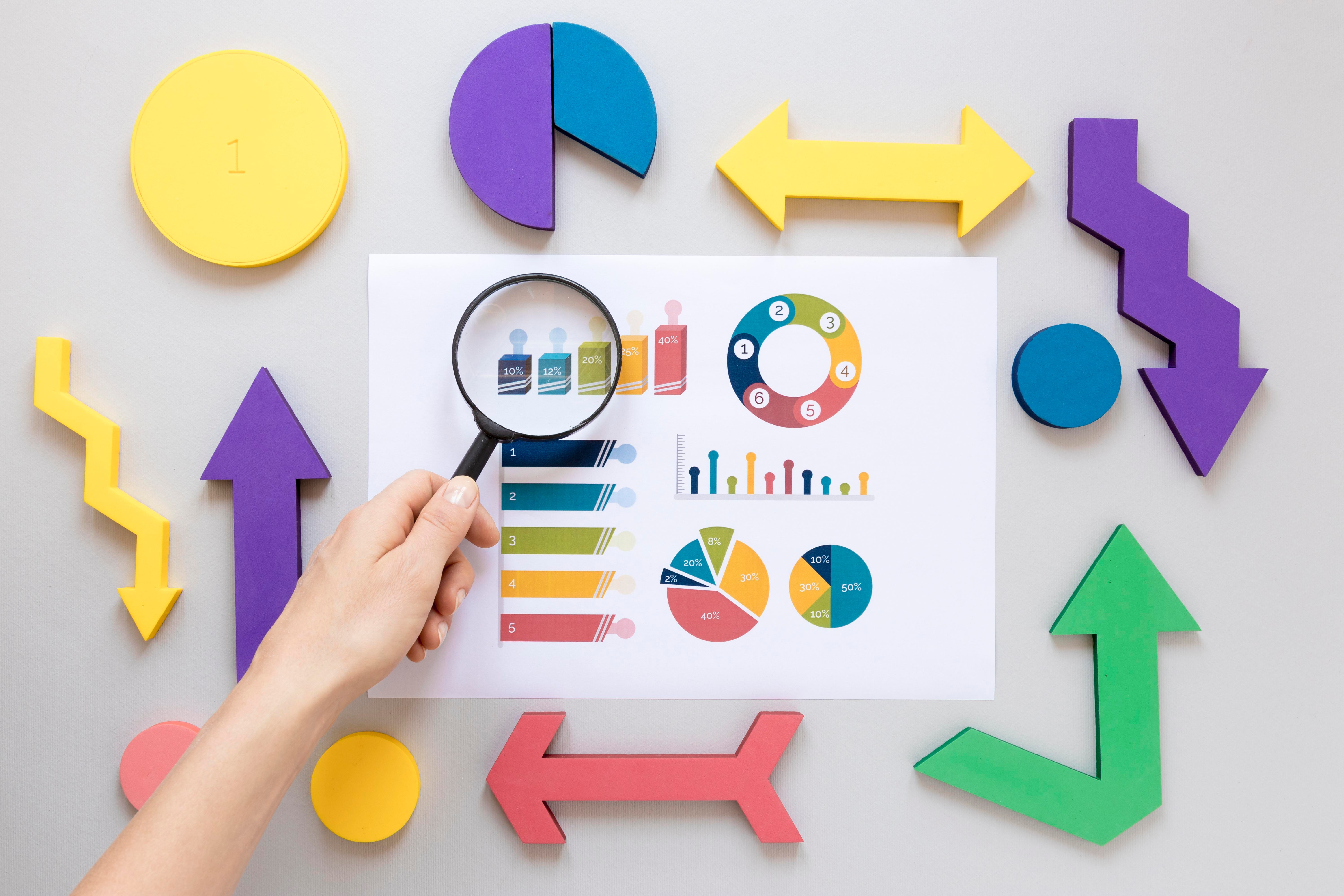 Illustration displaying arrows, charts and bars