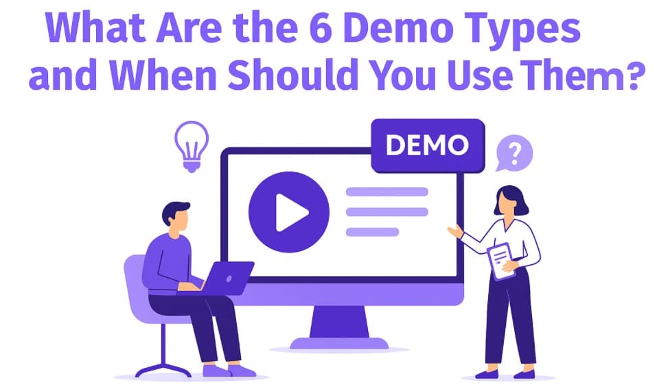Illustration of people discussing with a large screen showing a demo, alongside the blog title “What Are the 6 Demo Types and When Should You Use Them?”