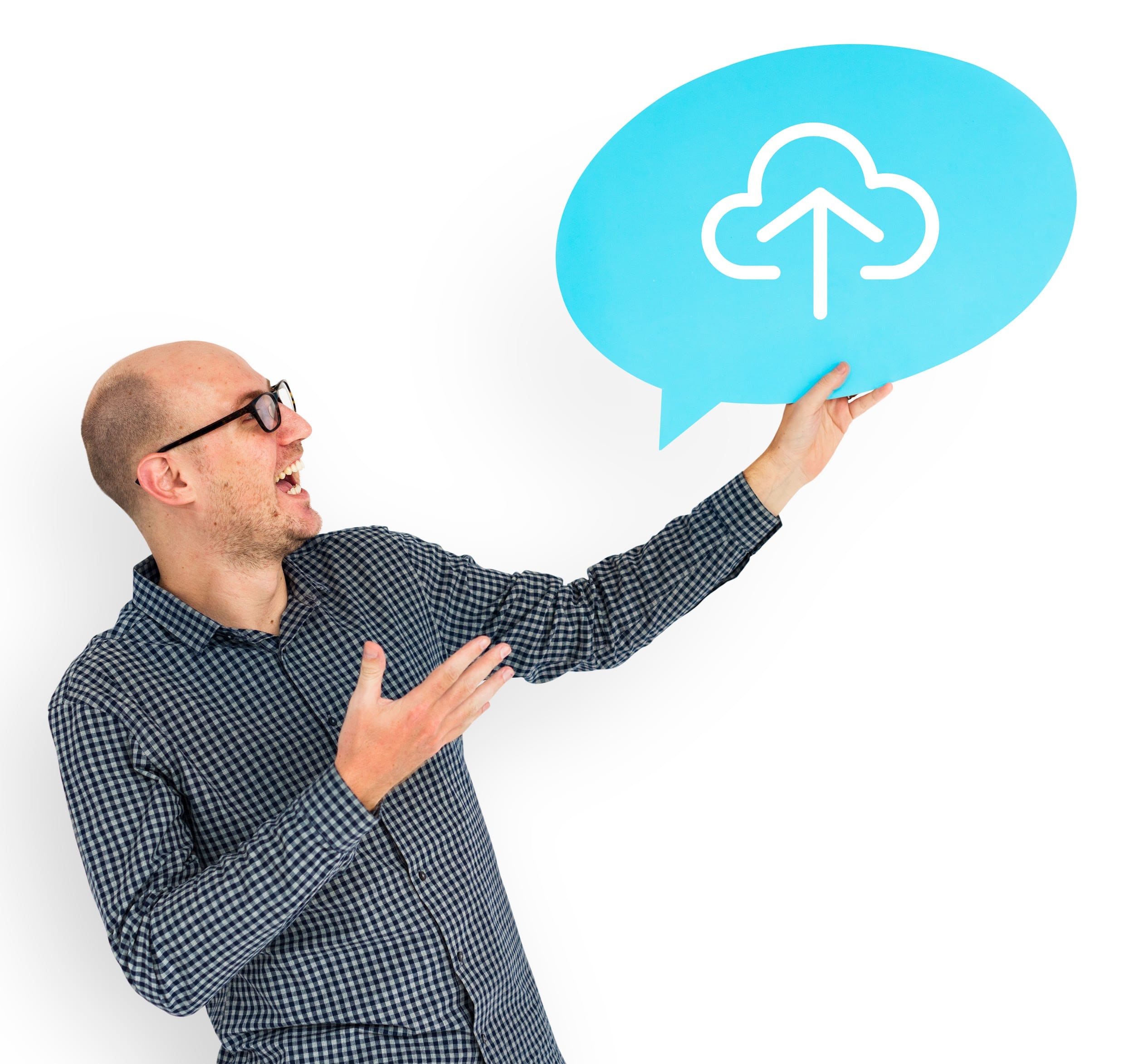 happy man holding cloud computing symbol