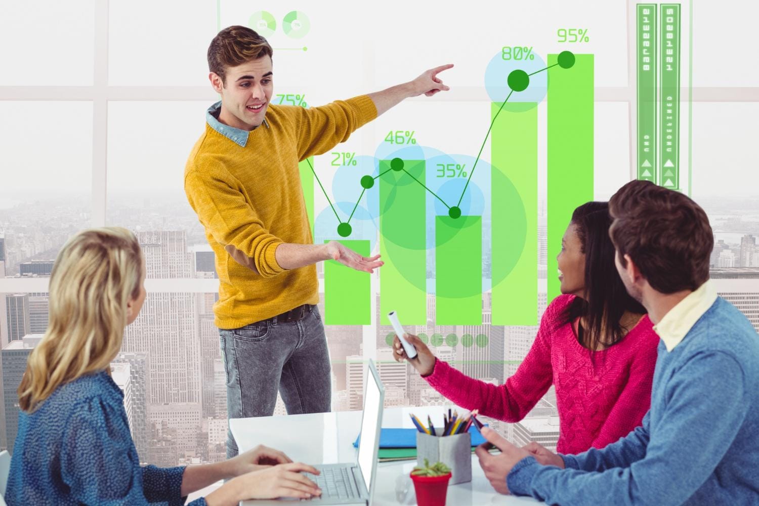 Team analyzing a graph to discuss key factors driving evolution and growth infographic.