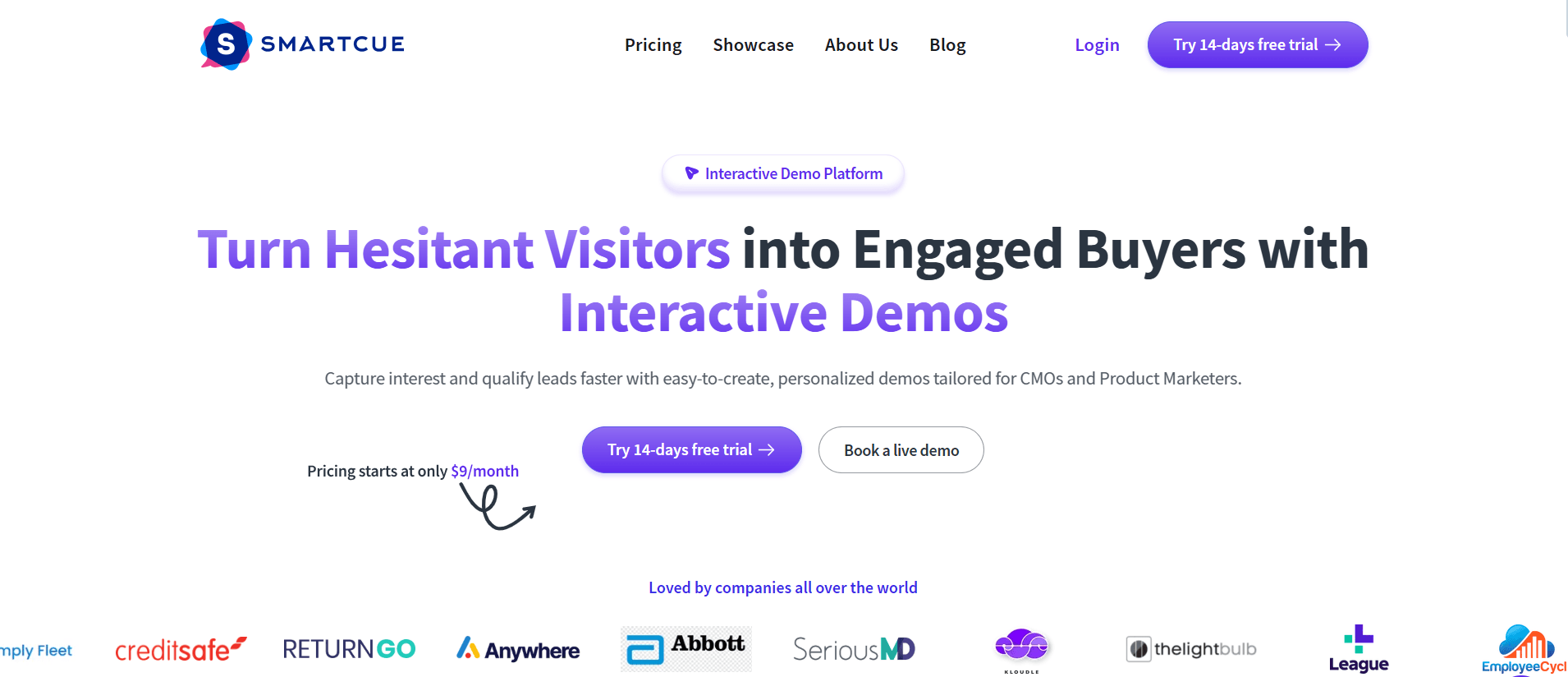A website screenshot for SmartCue, showcasing its interactive demo platform