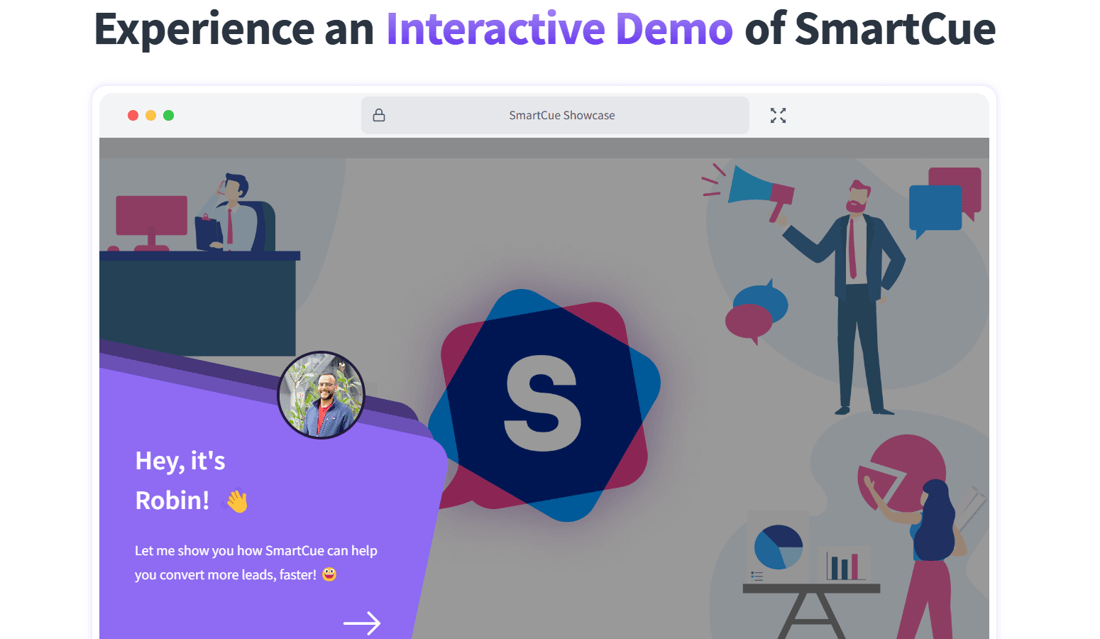 Screenshot of a SmartCue interactive demo with a welcome message