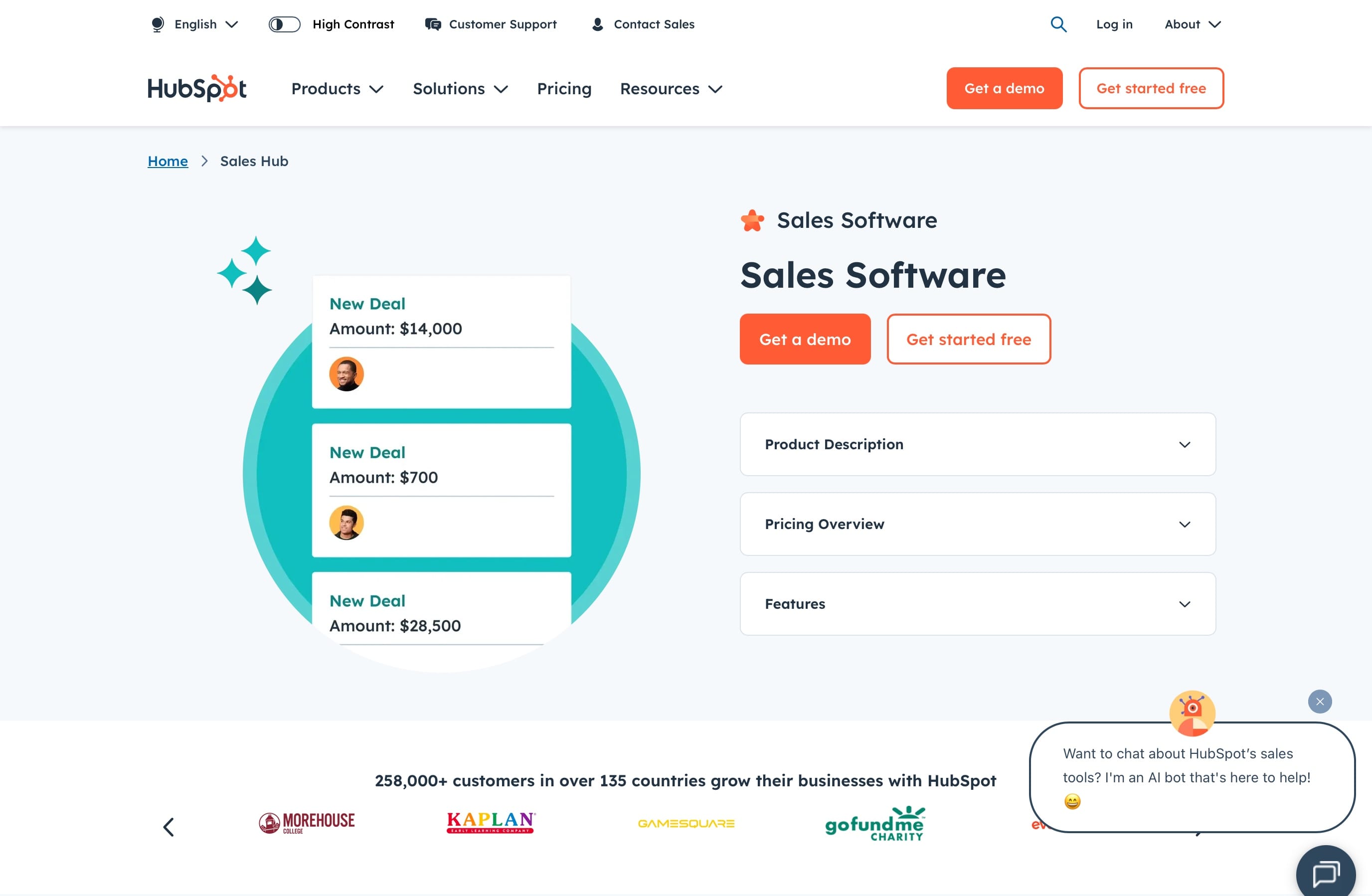 HubSpot Sales Landing Page Screenshot.