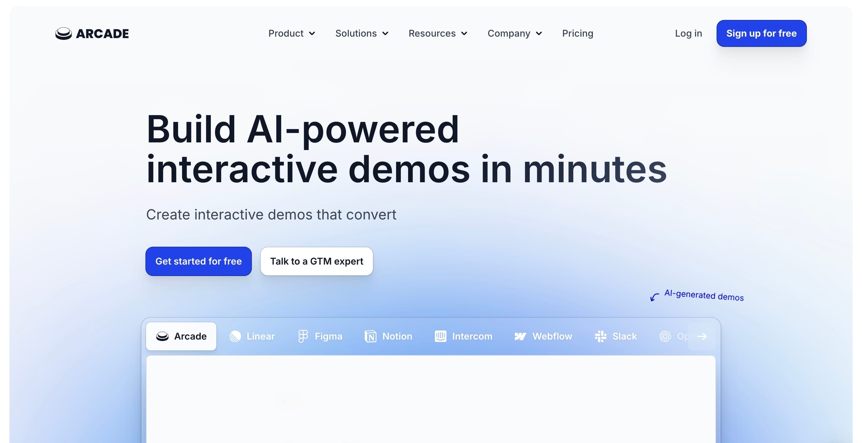 Screenshot of Arcade homepage