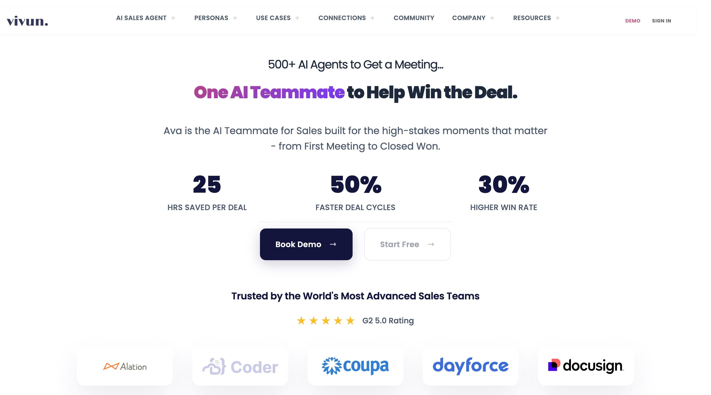 Screenshot of Vivun homepage