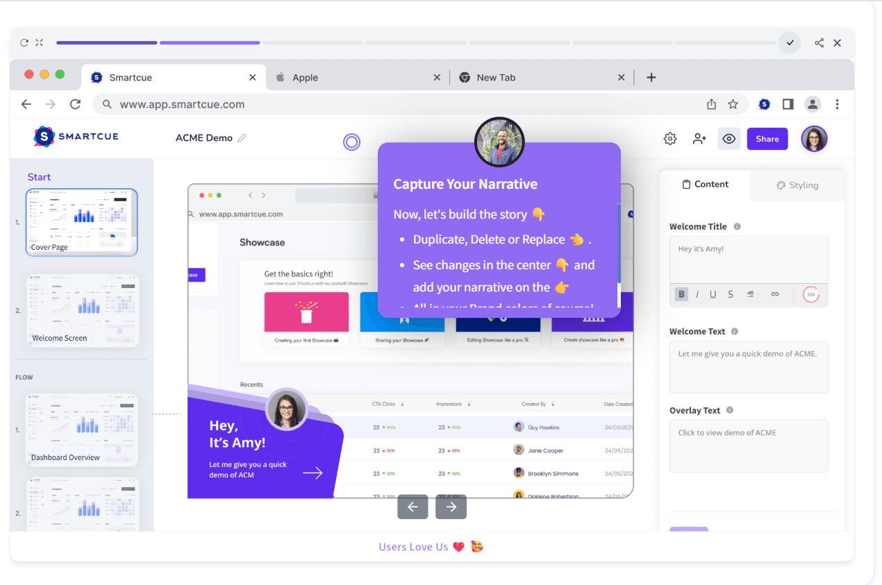 SmartCue demo builder interface showing guided steps, narrative capture, and customizable content for SaaS product demos.