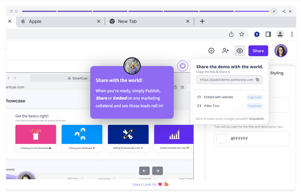 SmartCue interface showing demo sharing options with publish, embed, and video tour features.
