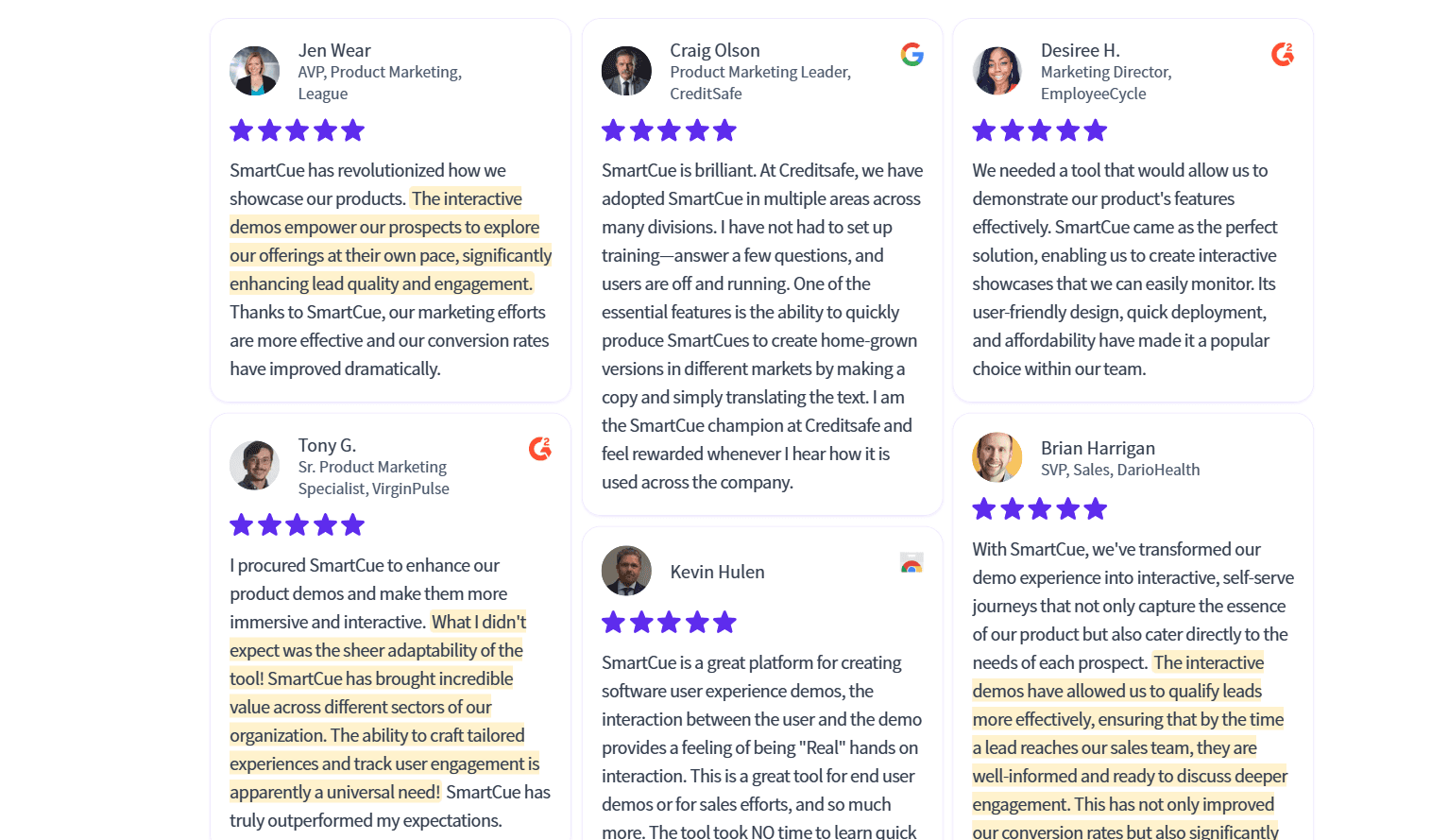 Customer testimonials highlighting SmartCue’s impact on demos, lead quality, user engagement, and sales effectiveness.