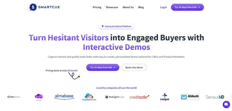 Screenshot of the SmartCue homepage showing the headline ‘Turn Hesitant Visitors into Engaged Buyers with Interactive Demos,’ along with pricing details, demo buttons, and customer logos.
