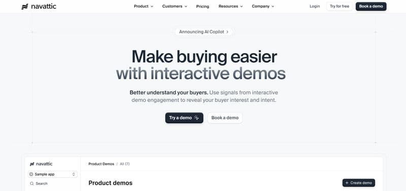 Screenshot of the Navattic homepage showing the headline ‘Make buying easier with interactive demos,’ along with demo buttons, navigation, and product demo preview.