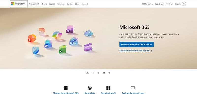 Microsoft 365 homepage showing app icons and a banner promoting Microsoft 365 Premium.