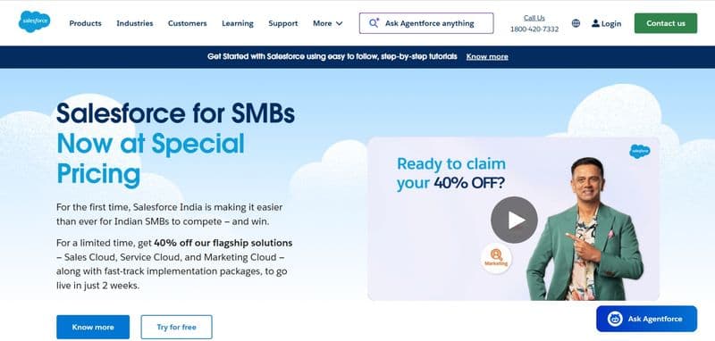 Salesforce homepage promoting special pricing for SMBs with a banner, product details, and a featured spokesperson video.