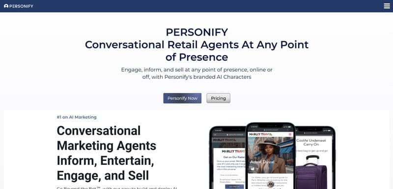 Homepage of Personify showing conversational retail agent features with branded AI characters and product preview images.