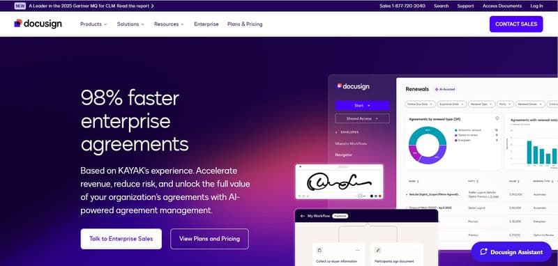 DocuSign homepage showcasing enterprise agreement tools, AI-assisted workflows, and options to view pricing or contact sales.
