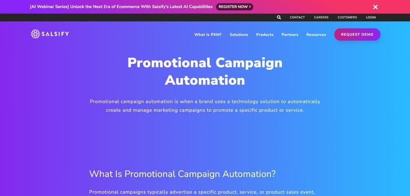 Salsify promotional campaign automation page explaining automated marketing workflows.