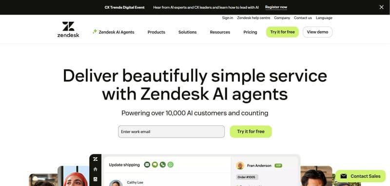 Screenshot of Zendesk's website, showcasing the headline "Deliver beautifully simple service with Zendesk AI agents" and a call-to-action button "Try it for free." The page highlights AI customer support features and provides an email input field.
