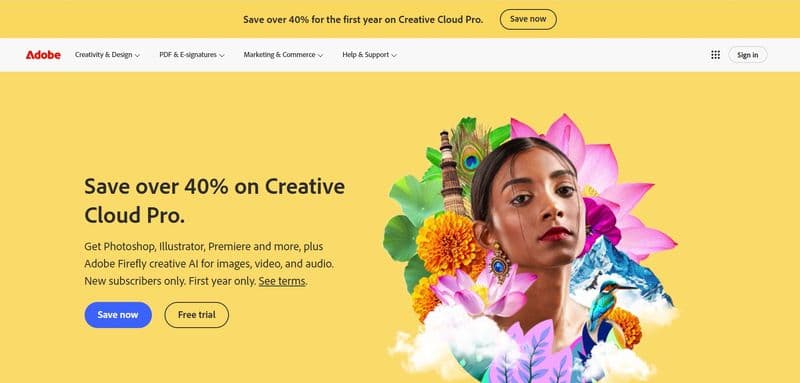 Screenshot of Adobe’s promotional page offering over 40% off Creative Cloud Pro for new subscribers, featuring products like Photoshop, Illustrator, Premiere, and Adobe Firefly, along with a vibrant, creative visual background.