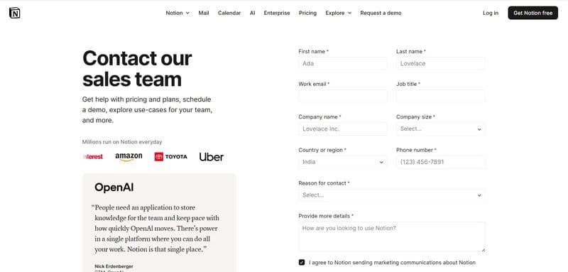 Screenshot of Notion's sales contact page, featuring a form for submitting details such as first name, last name, work email, job title, company name, country/region, and phone number. The page includes a testimonial from OpenAI and logos from companies like Amazon, Toyota, and Uber.