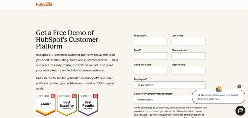 Screenshot of the HubSpot website showcasing their customer platform with a call-to-action that reads, "Get a Free Demo of HubSpot's Customer Platform." The page includes fields for first name, last name, email, phone number, company name, website URL, employee size, and country of headquarters, with a "Get a Demo" button.