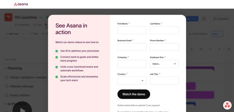 Screenshot of the Asana website demo sign-up page, featuring fields for name, email, company, and job title. It highlights benefits like using AI to optimize processes, connecting work to goals, and automating workflows, with a "Watch the demo" button.