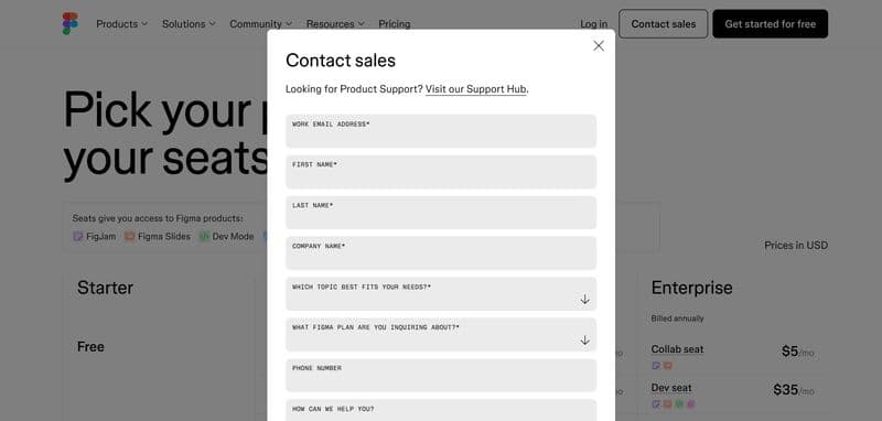 Screenshot of the Figma website's contact sales form, with fields for work email, first name, last name, company name, phone number, and questions about topics and Figma plans. The form also includes a section for users to describe how Figma can help, with a "Contact sales" button.