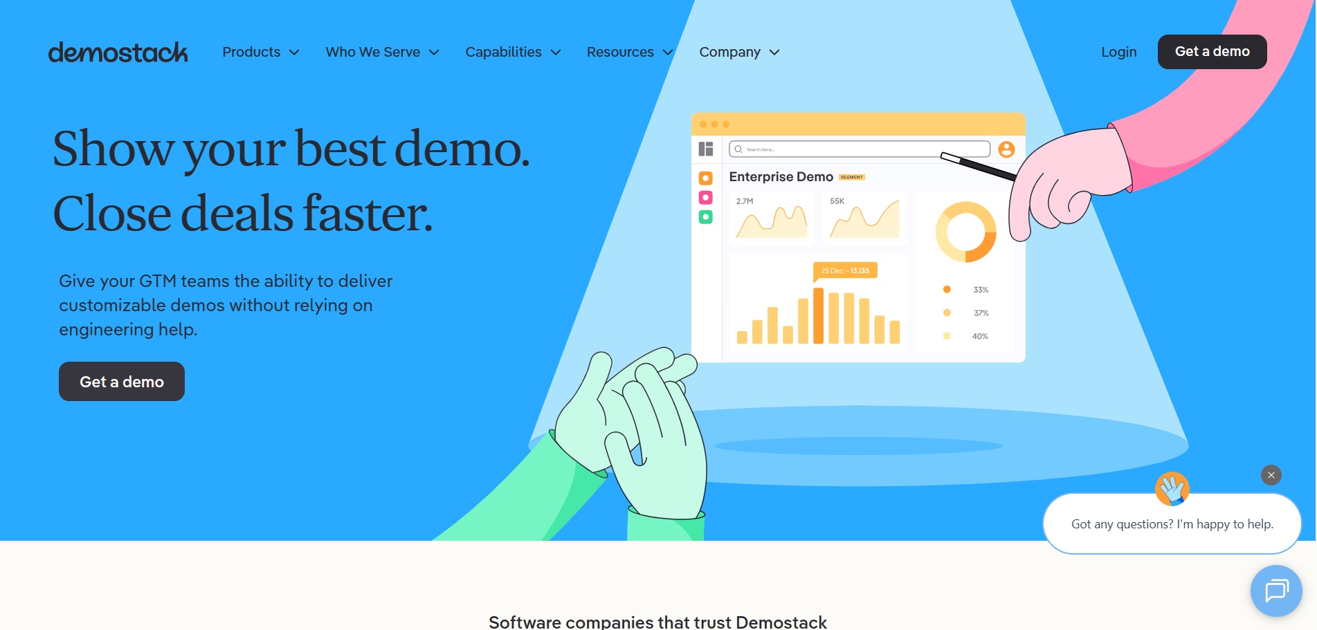 Screenshot of Demostack's homepage, showing the tagline 'Show your best demo. Close deals faster.' The image features a product demo with graphs and a 'Get a demo' button on a blue background.