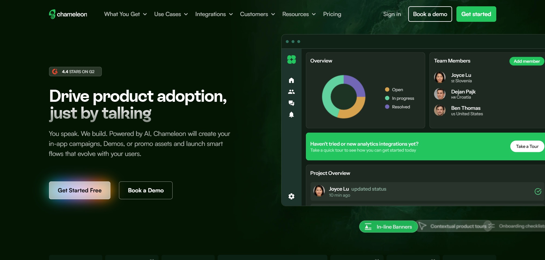Screenshot of the Chameleon homepage with the headline 'Drive product adoption, just by talking,' featuring options to 'Get Started Free' and 'Book a Demo.' The page highlights AI-powered creation of in-app campaigns, demos, and promo assets, with a project overview and team member details.