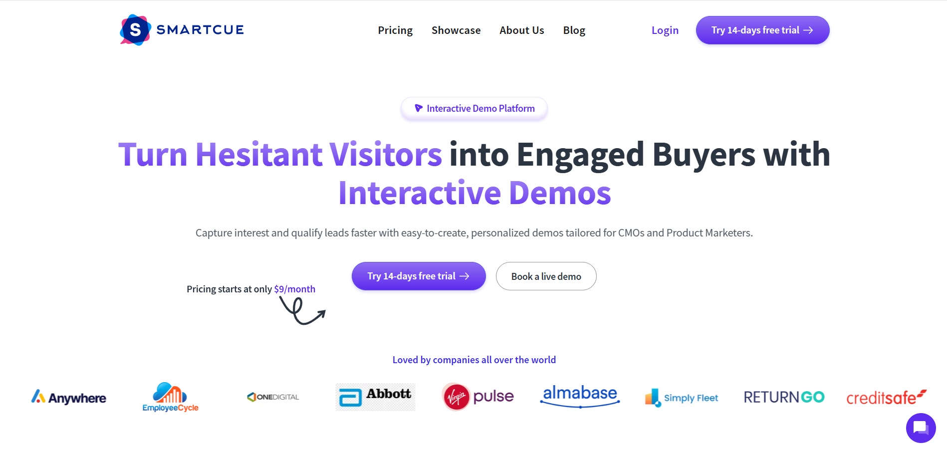 Screenshot of SmartCue's homepage with the headline 'Turn Hesitant Visitors into Engaged Buyers with Interactive Demos.' It highlights their personalized demo platform for CMOs and Product Marketers with a call-to-action for a 14-day free trial and booking a live demo.