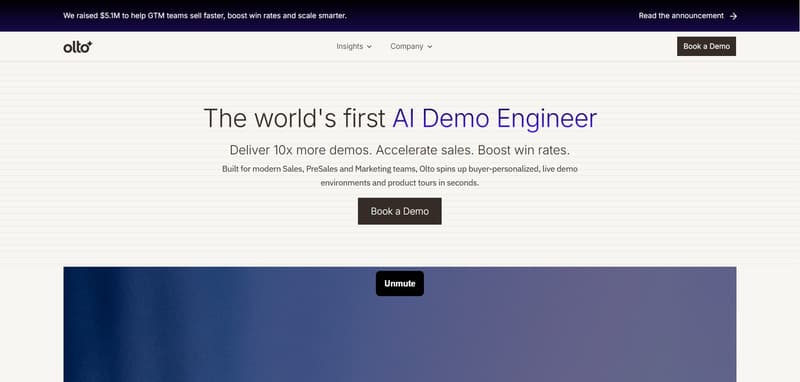 Screenshot of the Olto homepage featuring the headline “The world’s first AI Demo Engineer,” a brief description of accelerating sales and boosting win rates, navigation links, and prominent “Book a Demo” call-to-action buttons.