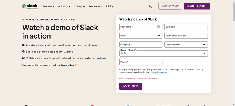 Slack demo action page