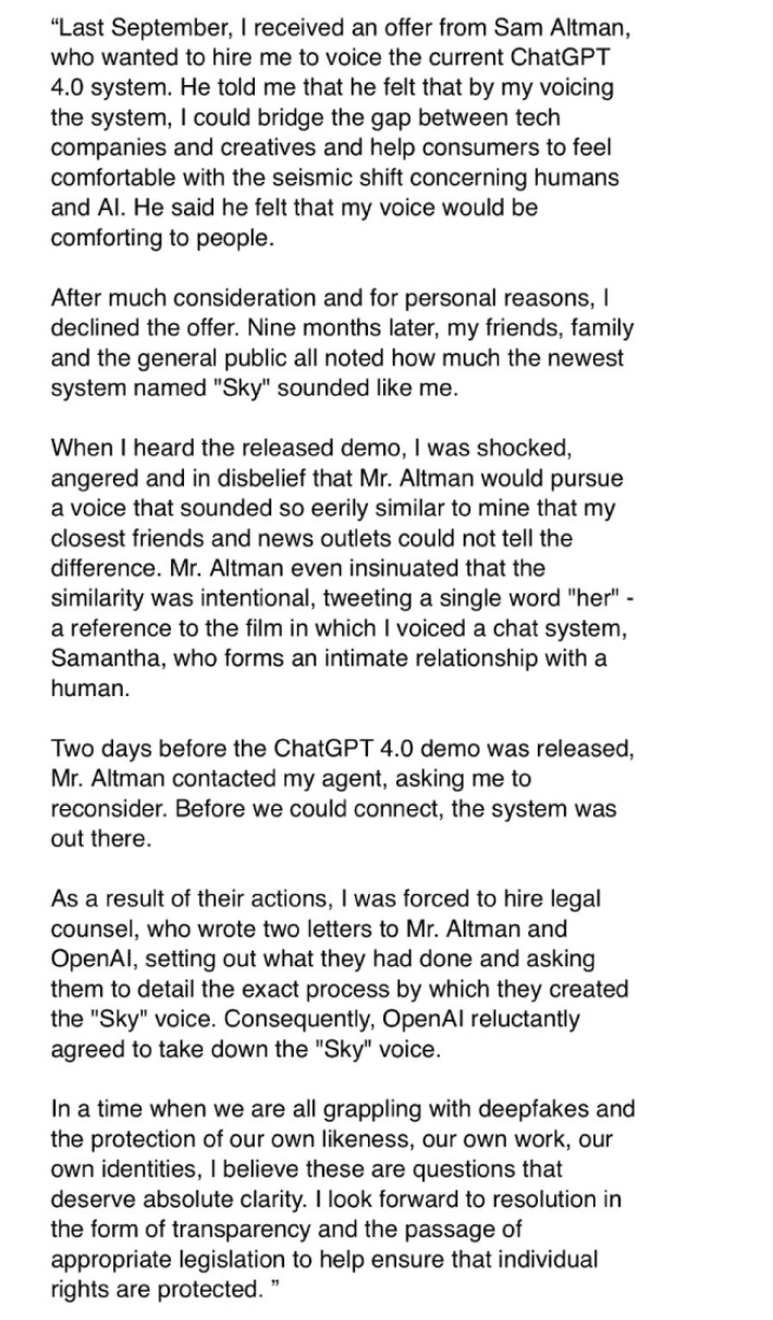 Scarlett Johansson Official statement on the ChatGPT Sky 