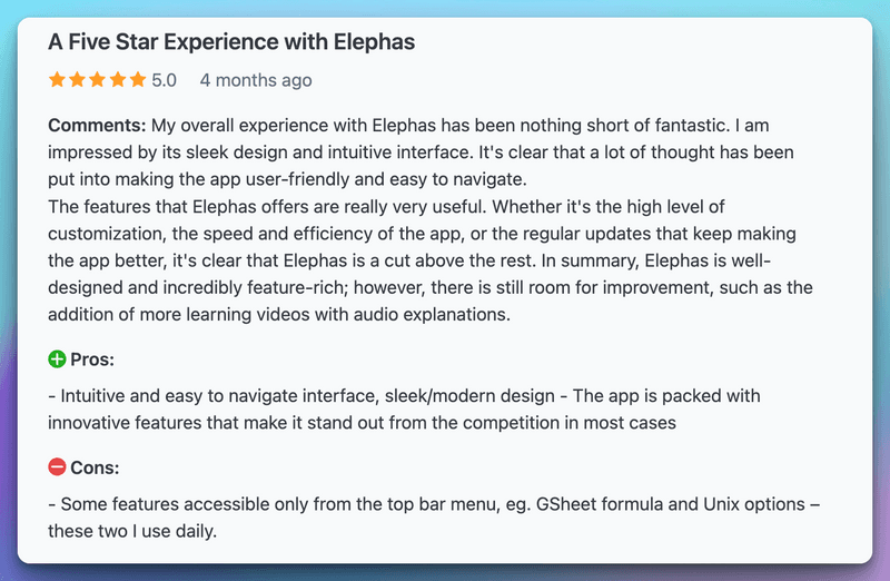 Elephas Customer Reviews