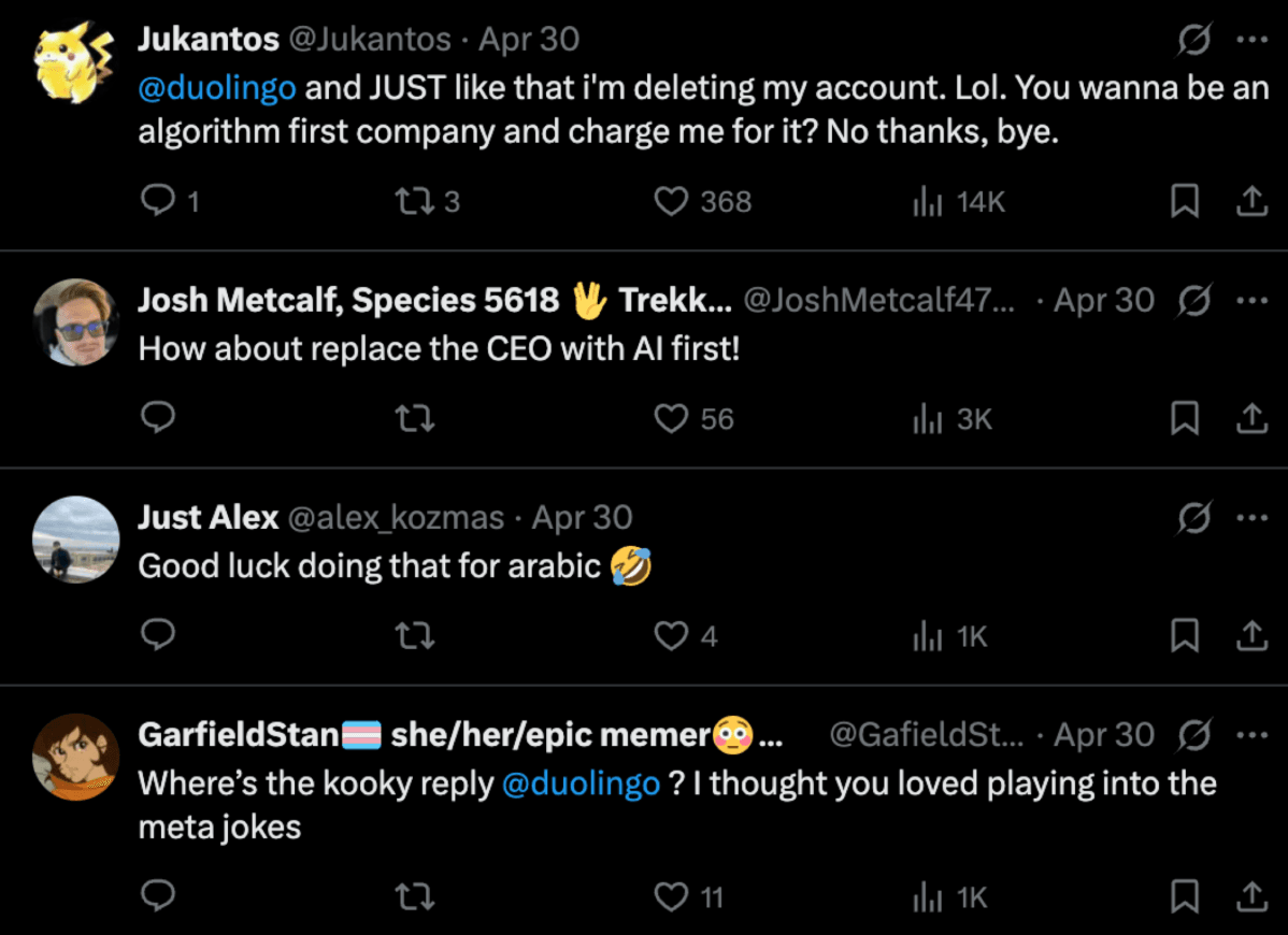 Twitter users responses on Duolingo AI first
