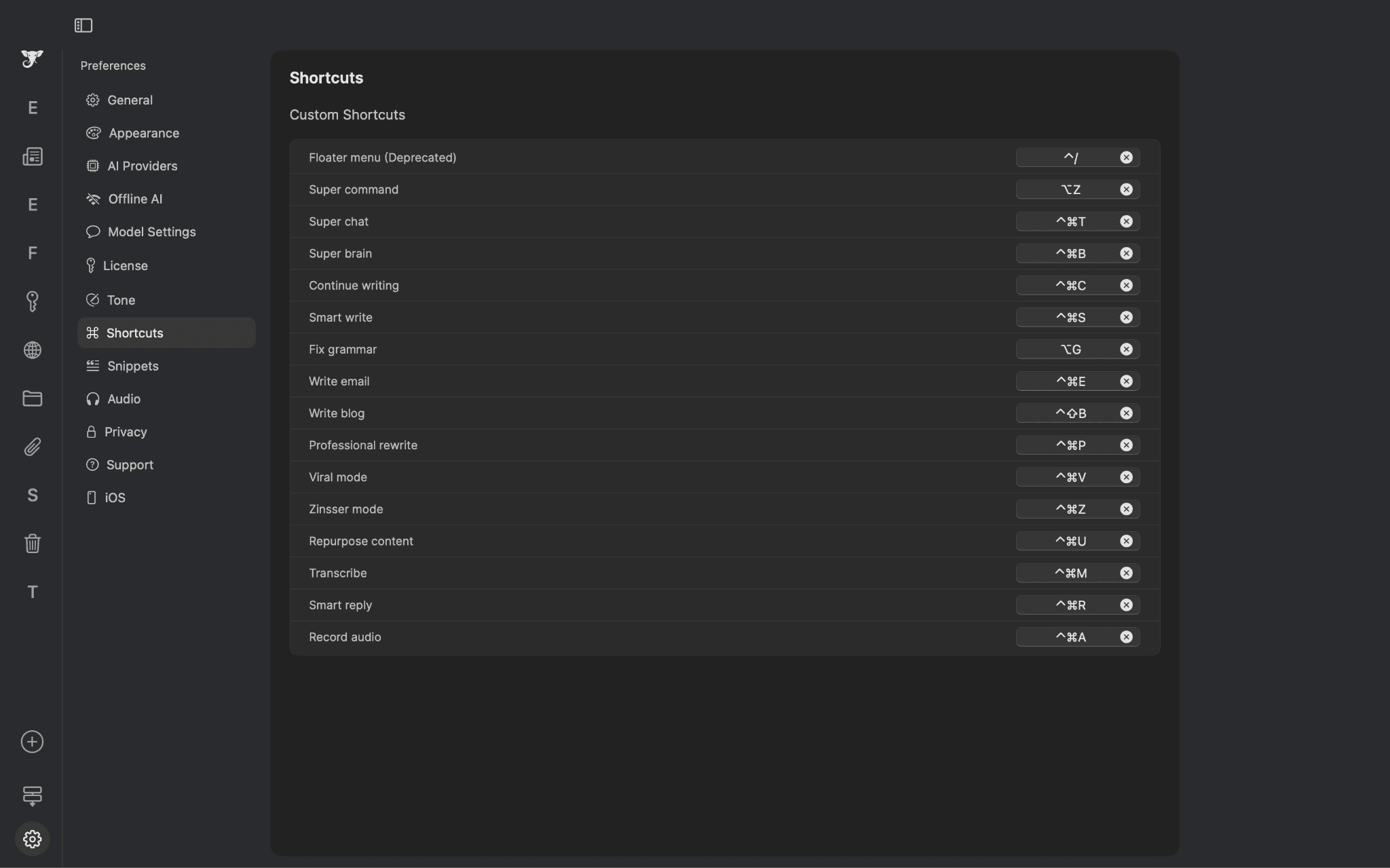Elephas quick shortcuts