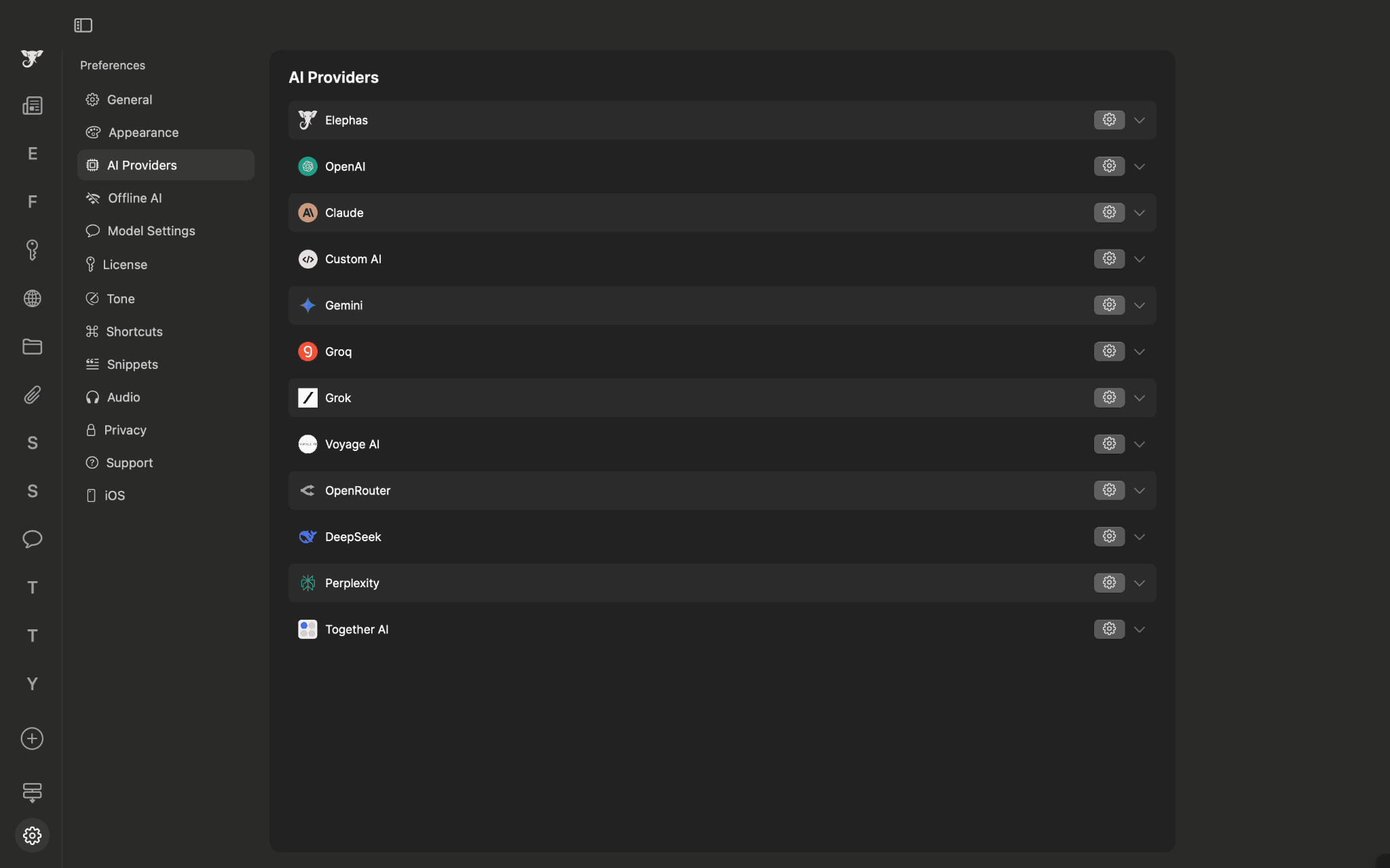 Elephas different AI providers 