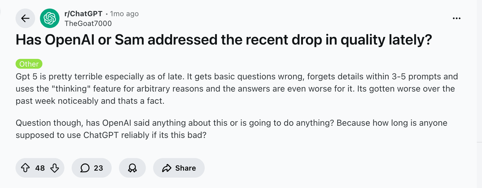 Reddit communities on AI model quality drop