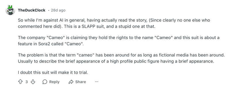 Reddit users reaction to Sora Cameo Controversy