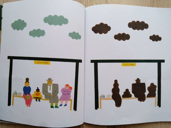 An simplified illustration of people sitting at a bus stop in two versions, the second being identical except that everything and everybody is made out of poo