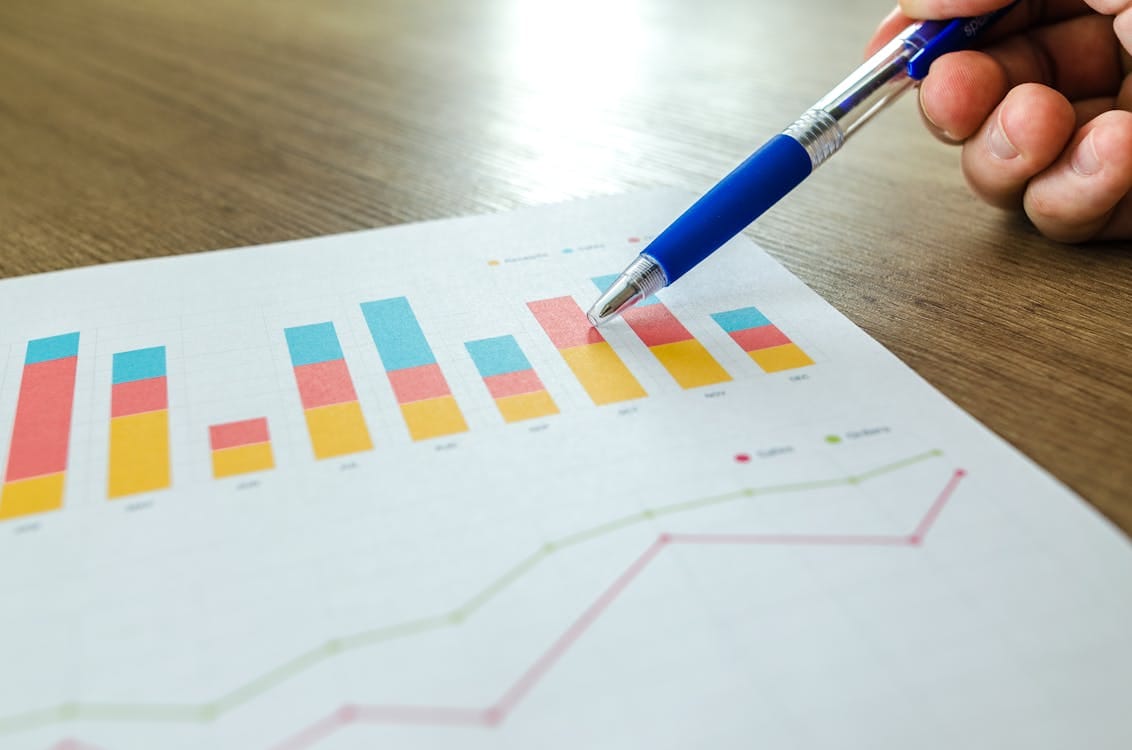 Hand analyzing colorful charts with a pen, symbolizing performance tracking