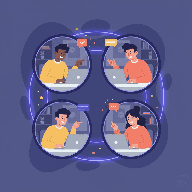 Illustrated remote team members in peaceful ambient co-working environment